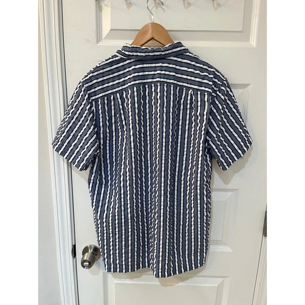 J.Crew Mens Seersucker Stripe Short Sleeve Camp Shirt Navy Blue White Size M